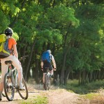 mixed group of cyclists biking summer day