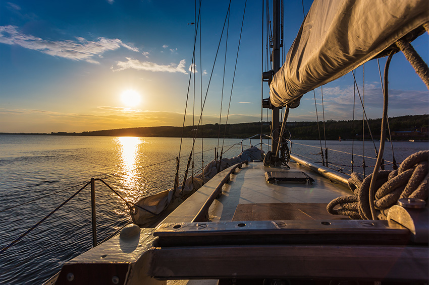 Sunset At Sea On Aboard Yacht Sailing